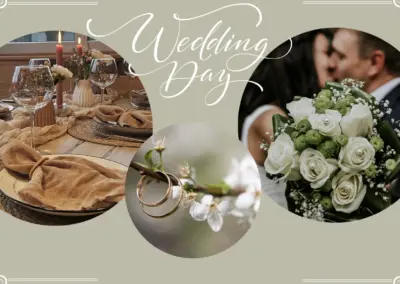 Tischdekoration für eine Hochzeit mit Gläsern, Kerzen und Tischläufern. In der Mitte zwei Eheringe an einem Zweig mit Blüten. Rechts ein Strauß aus weißen Rosen und grünen Pflanzen.