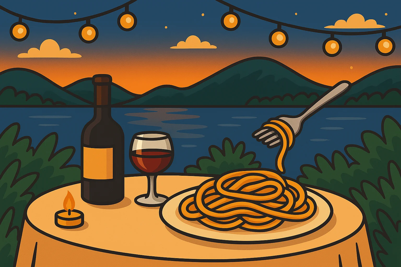wald_hotel_event_italienische_nacht_5 Tisch mit Teller Spaghetti, Weinglas, Weinflasche und brennender Kerze vor See und Bergen bei Sonnenuntergang, Lichterkette darüber. KI